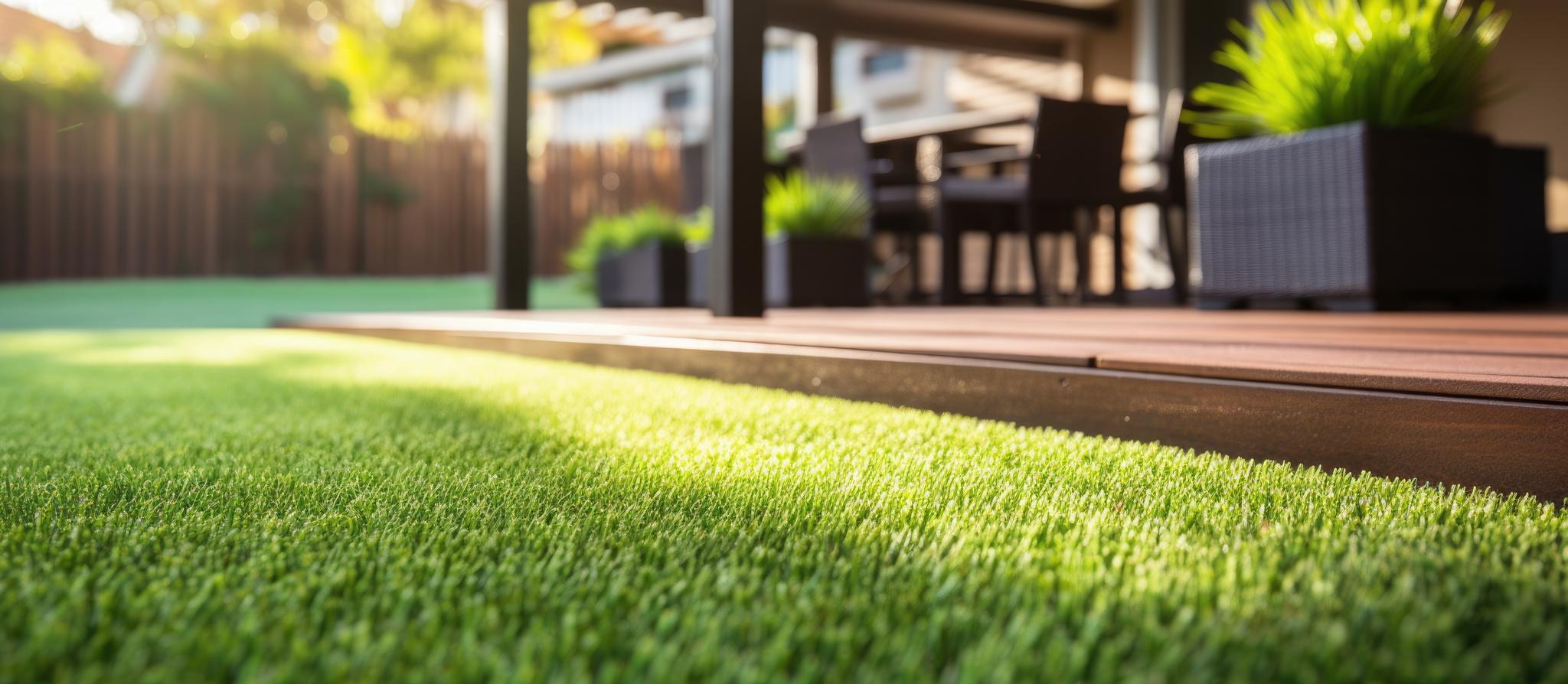 Artificial grass beside a backyard deck